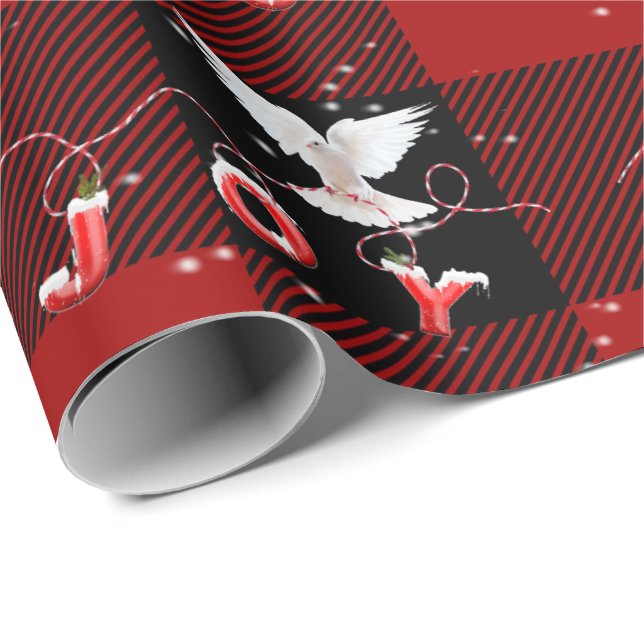 Papier Cadeau Dove De Noël Avec Joie Sur Plaid (Coin rond)