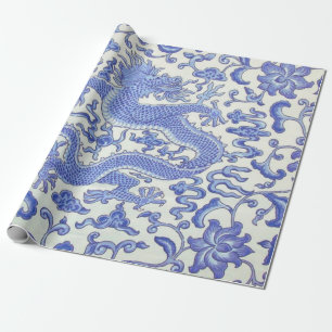 Papier Cadeau Dragon chinois bleu et blanc découpage floral