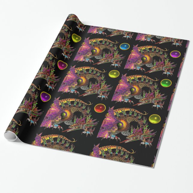 PAPIER CADEAU DRAGON ET PIERRES GEM COLORÉES (Déroulé)