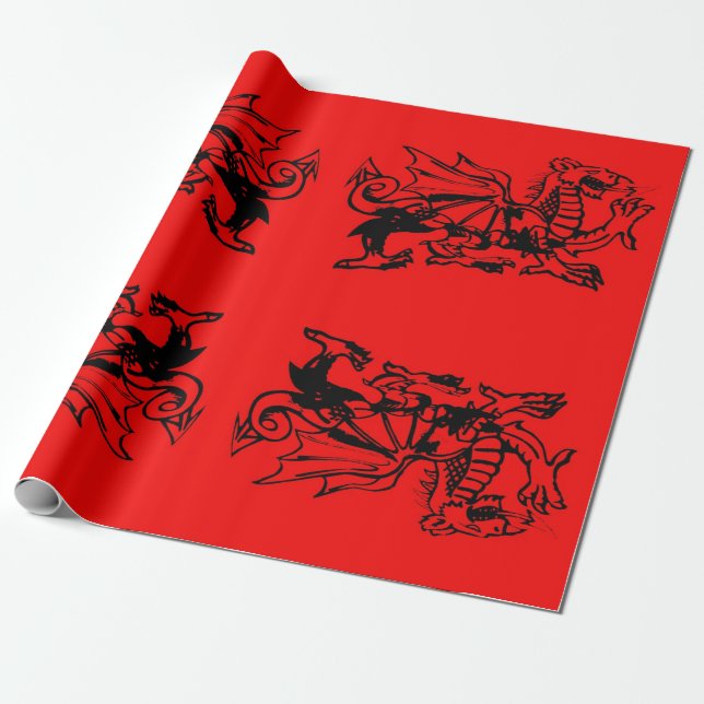 Papier Cadeau Dragon gallois rouge rugissant du Pays de Galles. (Déroulé)