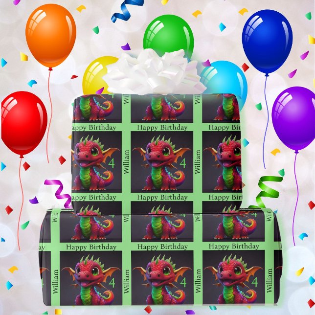 Papier Cadeau Dragon Happy Birthday Personnalisez le nom de l'en (Créateur téléchargé)
