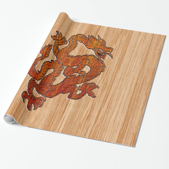 Papier Cadeau Dragon Oriental Rouge en Bambou (Déroulé)