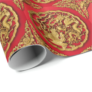 Papier Cadeau Dragon Phénix Rouge Or Mariage Chinois