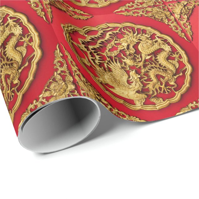 Papier Cadeau Dragon Phoenix Red Gold Mariage chinois (Coin rond)