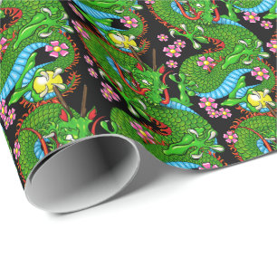 Papier Cadeau Dragon Tatouage Art en Rouge Vert avec Fleur de Ce