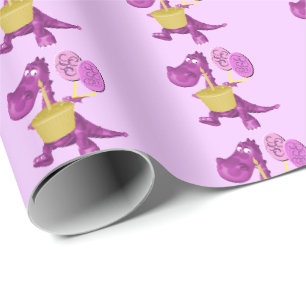 Papier Cadeau Dragon Violet Avec Cupcake Et Ballons   
