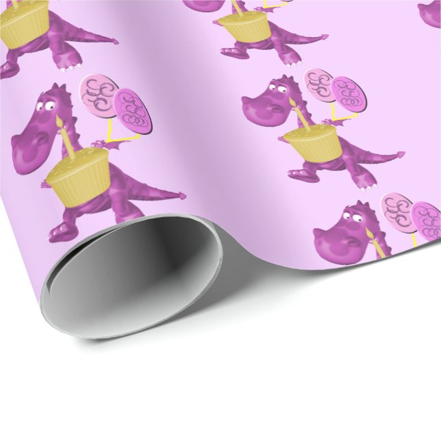 Papier Cadeau Dragon Violet Avec Cupcake Et Ballons    (Coin rond)