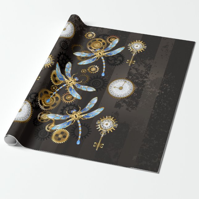 Papier Cadeau Dragonflies de Steampunk sur arrière - plan rayé b (Déroulé)