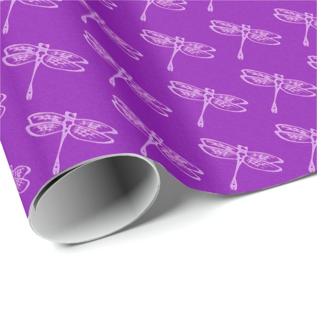 Papier Cadeau Dragonflies, orchidée pâle sur violet profond (Coin rond)