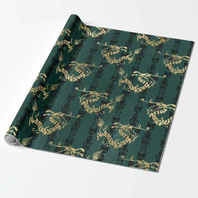 Papier Cadeau Dragons d'or sur Green (Déroulé)