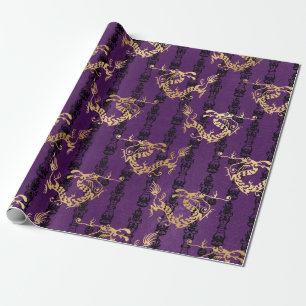 Papier Cadeau Dragons d'or sur violet