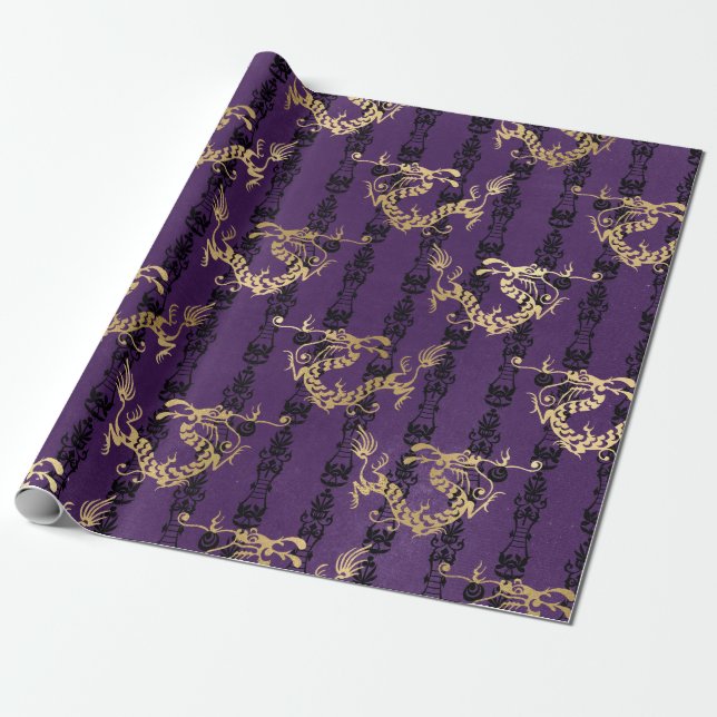 Papier Cadeau Dragons d'or sur violet (Déroulé)