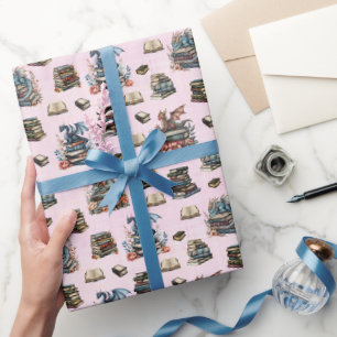Papier Cadeau Dragons Magiques & Livres sur Fond Rose Clair