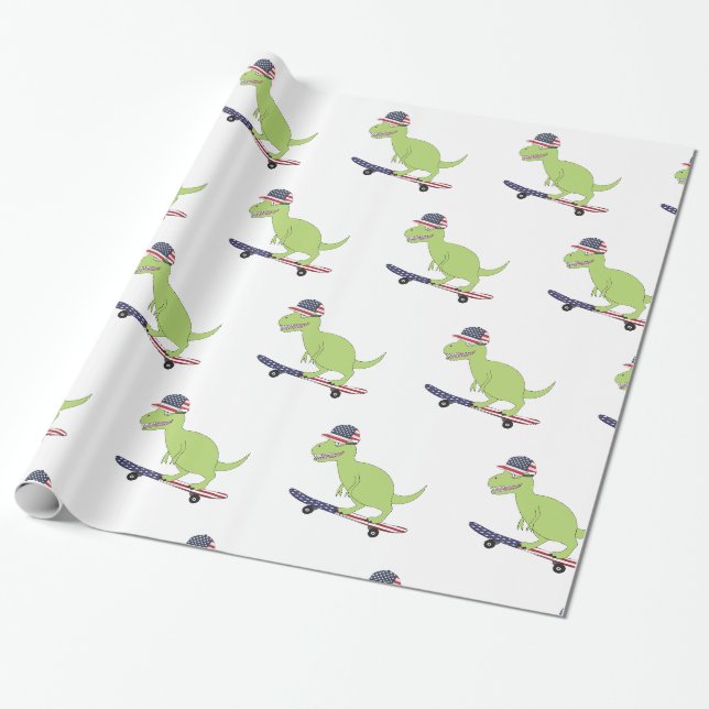 Papier Cadeau Drapeau américain Dinosaure Skate (Déroulé)