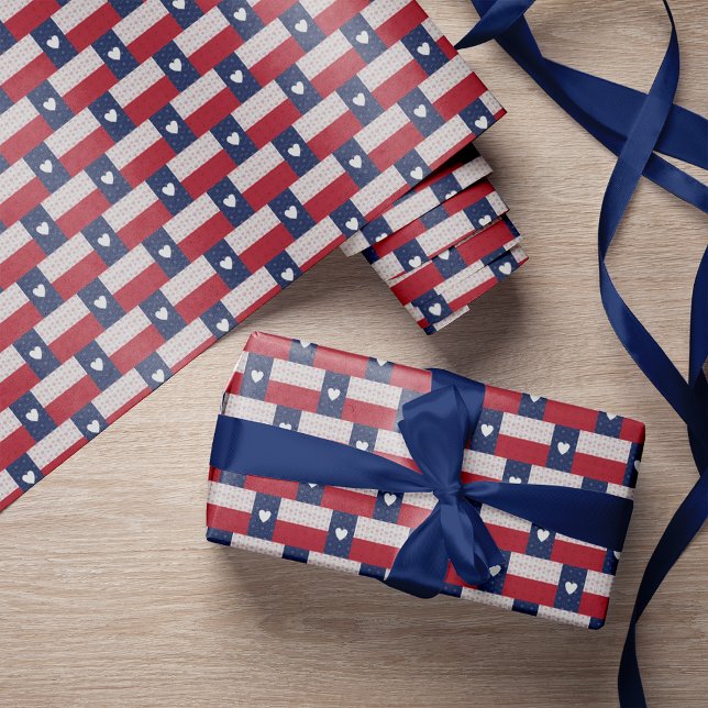 Papier Cadeau Drapeau d'état du Texas à motifs cardiaques (Créateur téléchargé)