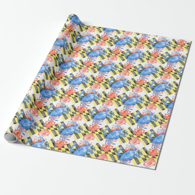 Papier Cadeau Drapeau du Maryland d'aquarelle et crabe bleu (Déroulé)