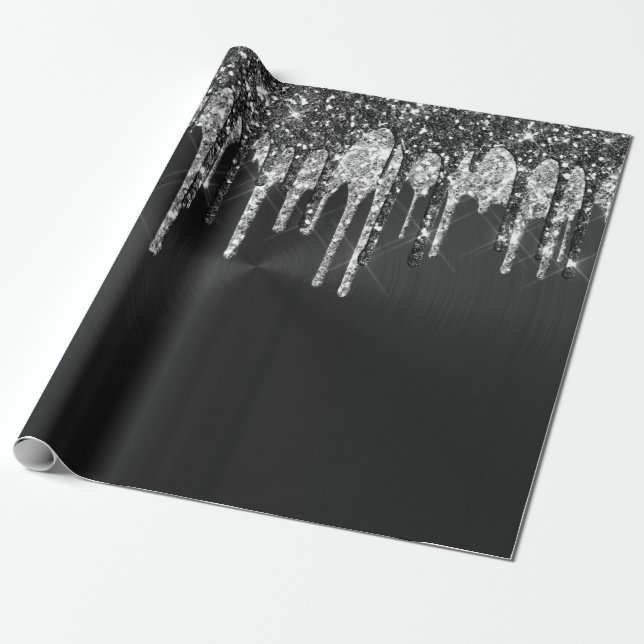 Papier Cadeau Drips Graphic de Trendy Silver Black (Déroulé)