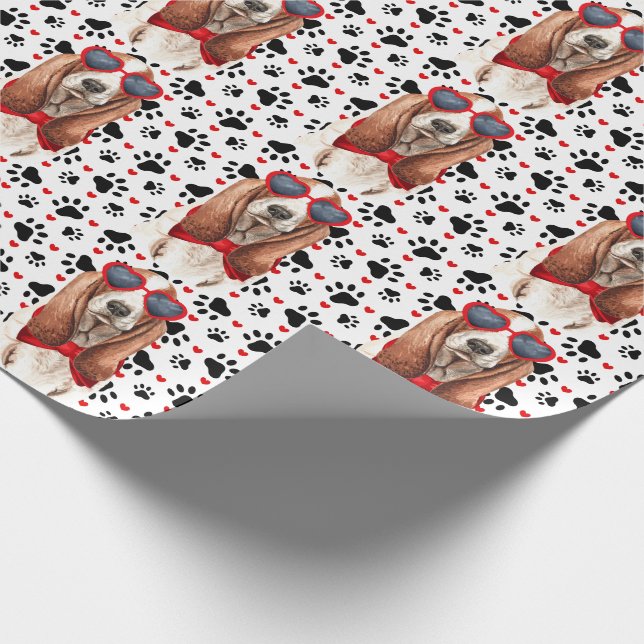 Papier Cadeau Drôle Basset Hound Dog Love Red Hearts and Paws (Coin)