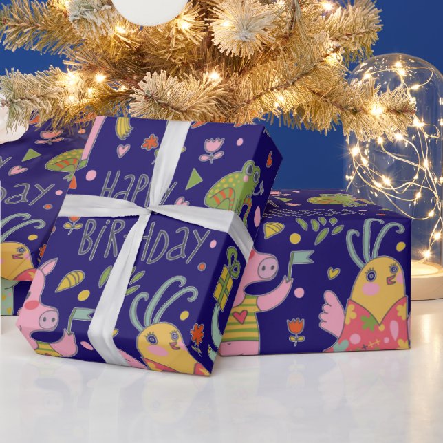 Papier Cadeau Drôle Cartoon Animaux Chanter Joyeux Anniversaire (Vacances)