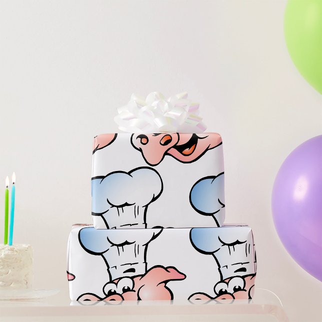 Papier Cadeau Drôle Cartoon Cochon Chef avec Casquette (Créateur téléchargé)