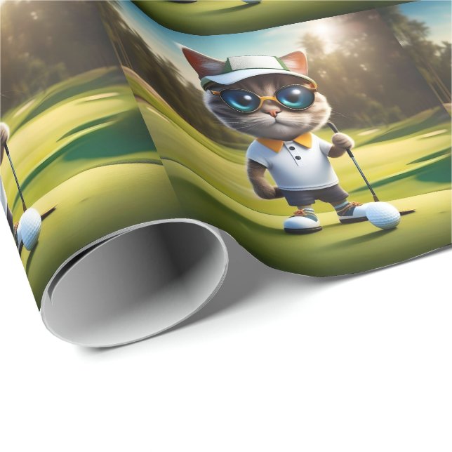Papier Cadeau Drôle Chat Golf Player, (Coin rond)