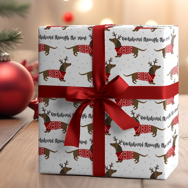 Papier Cadeau Drôle de dachshund à travers la neige de Noël (Créateur téléchargé)