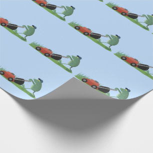 Papier Cadeau Drôle grenouille verte tondre la pelouse dessin