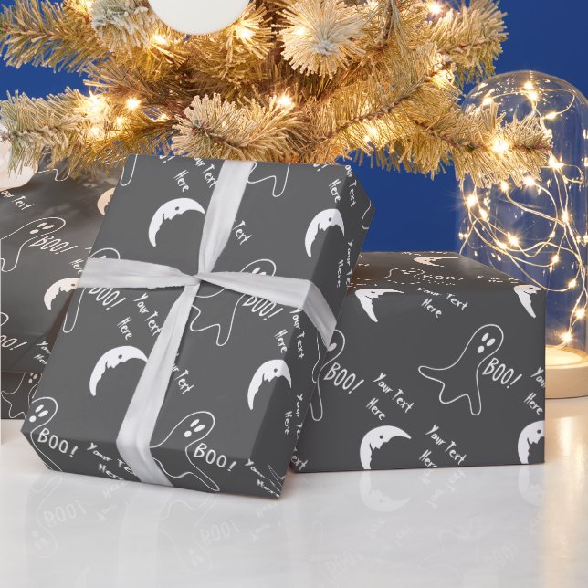 Papier Cadeau drôle halloween blanc fantôme et demi lune noir (Vacances)