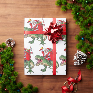 Papier Cadeau Drôle Joyeux Dinosaure de Noël Père Noël