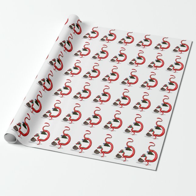 Papier Cadeau Drôle Père Noël Rouge Dragon de l'Est (Déroulé)