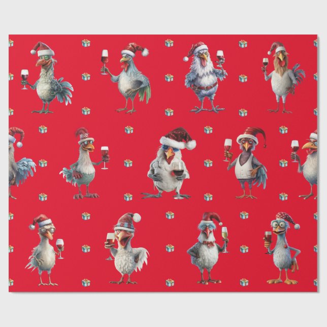 Papier Cadeau Drôle Poulet Noël Vacances Fête des Vins Rouge (Plat)