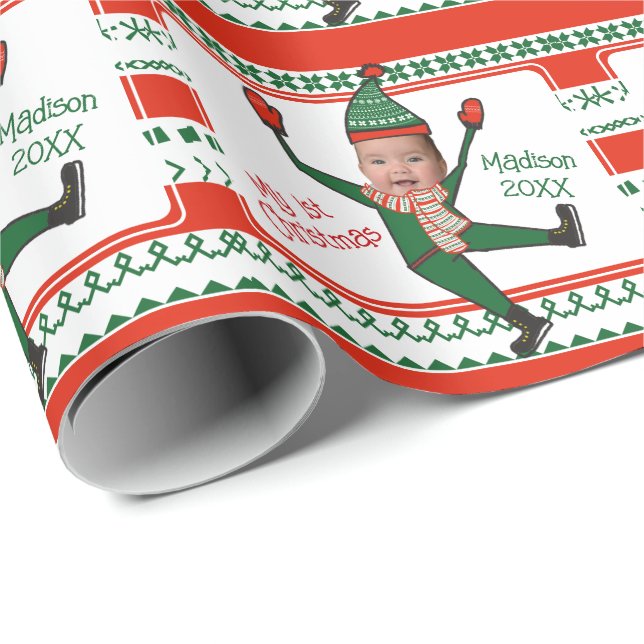 Papier Cadeau Drôle Rouge Vert Elfe Mon premier Noël Personnalis (Coin rond)