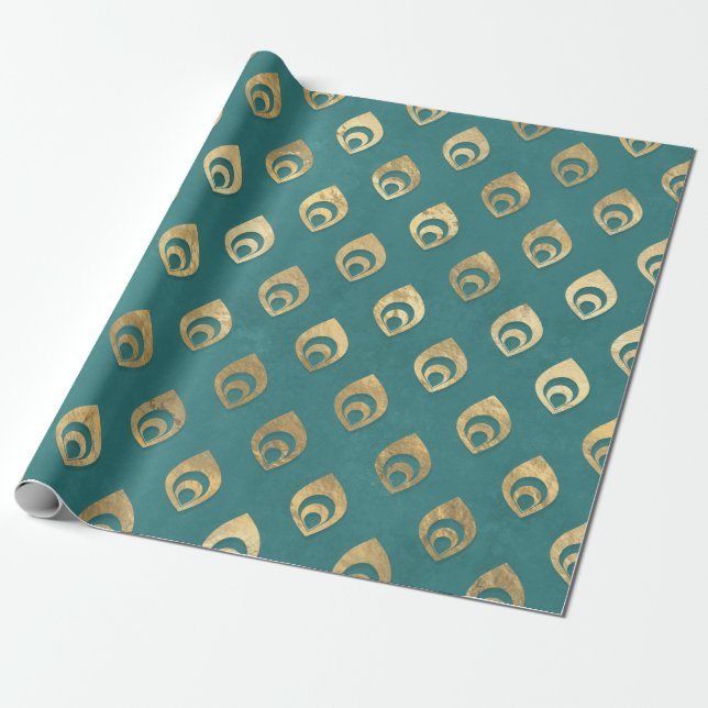 Papier Cadeau Droplets Abstraits d'or sur Turquoise (Déroulé)