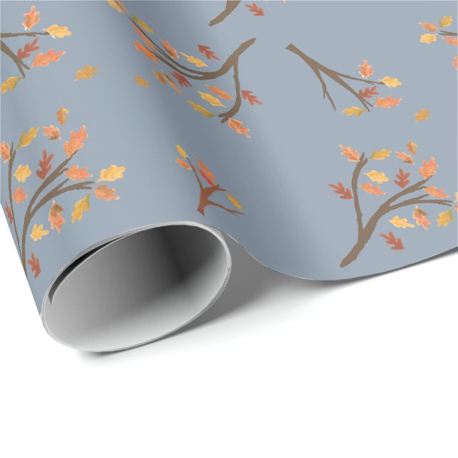 Papier Cadeau Dusty Blue Automne Branche Feuilles Automne (Coin rond)