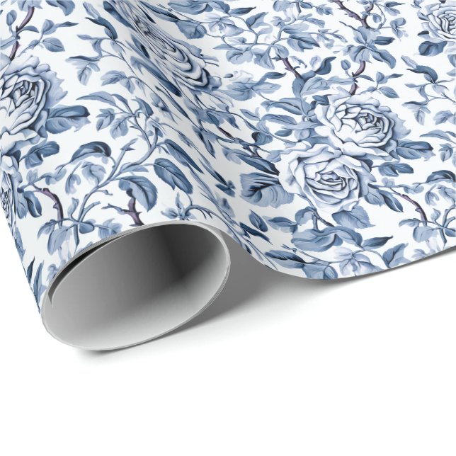 Papier Cadeau Dusty Blue Roses Toile Motif (Coin rond)