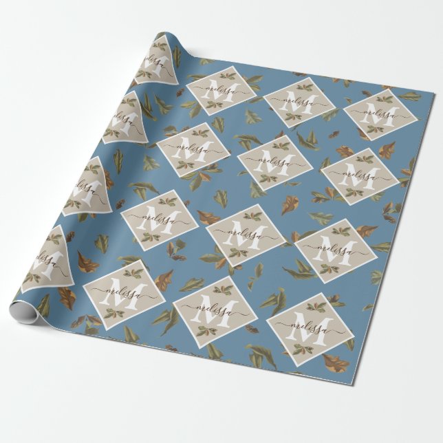 Papier Cadeau Dusty Blue Rustic Feuilles Brown Monogramme (Déroulé)