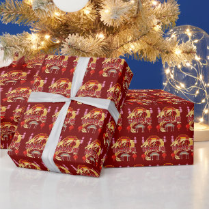 Papier Cadeau Dynastie dorée Fleurir rouge profond