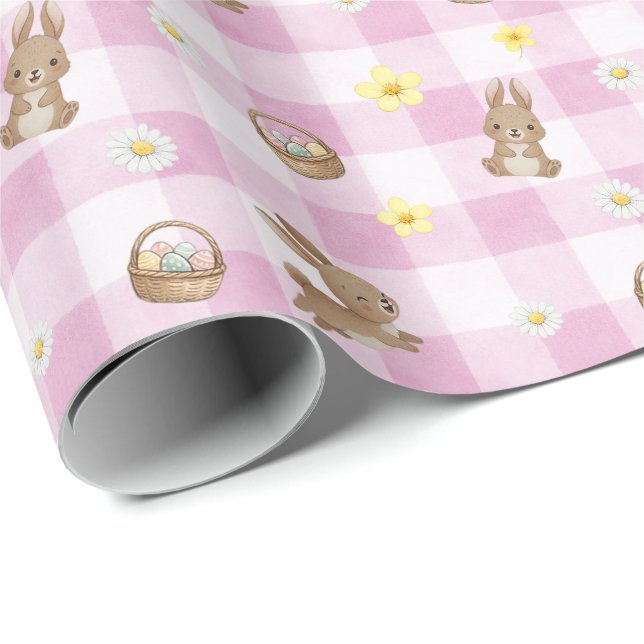 Papier Cadeau Easter Bunny Pink Gingham Wrapping Paper (Coin rond)
