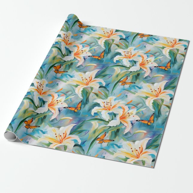 Papier Cadeau Easter lilies and butterflies in bluish tone (Déroulé)