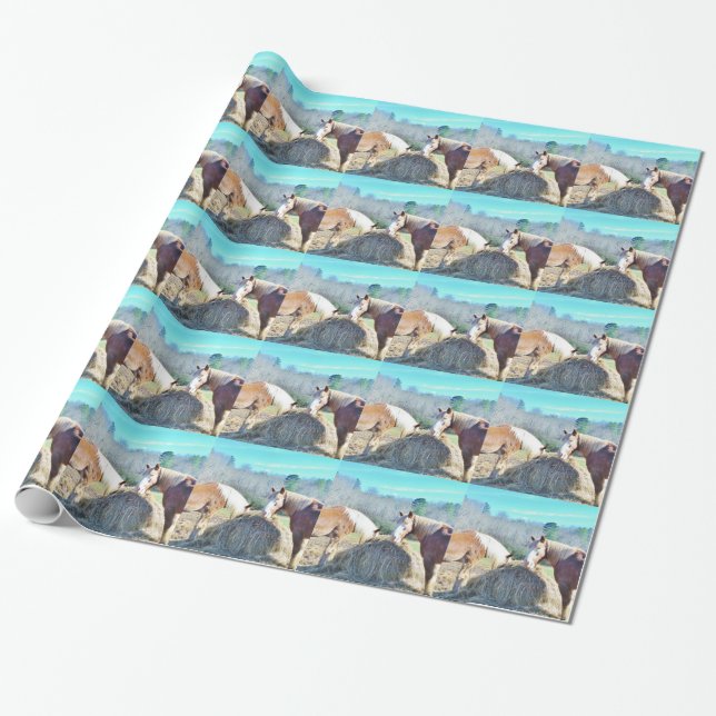 Papier Cadeau Ébauche secourue Chevaux mangeant foin (Déroulé)
