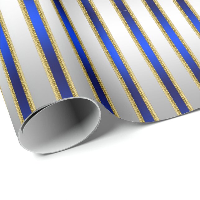 Papier Cadeau Éblouissant argent brillant et rayures bleues roya (Coin rond)