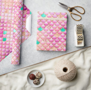 Papier Cadeau Écaille de sirène à ombre rose et paillettes dorée