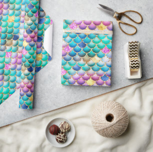 Papier Cadeau Écaille de Sirène Ombre Arc-en-Ciel Feuille et Pai