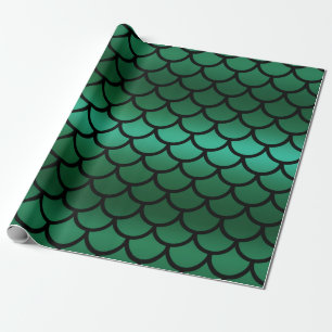 Papier Cadeau Écailles de sirène vertes et noires Poisson de fan