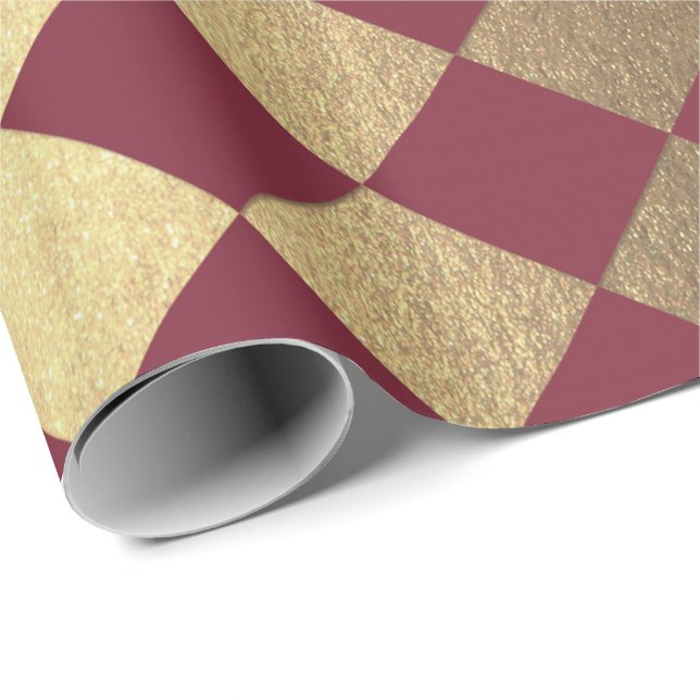 Papier Cadeau Échecs Carré métal de bordeaux d'or (Coin rond)