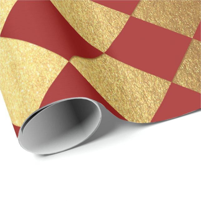 Papier Cadeau Échecs Carré métal or Bourgogne rouge Vin métalliq (Coin rond)