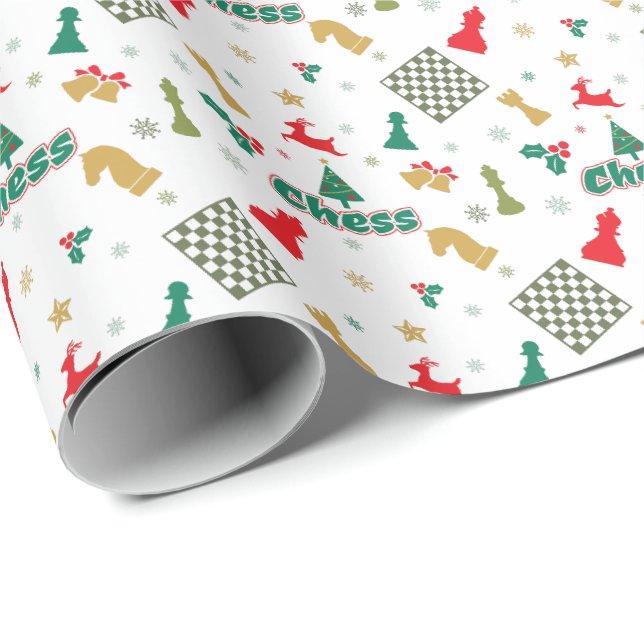 Papier Cadeau Échecs de Noël - Pièces, Arbre, Holly et Reindeder (Coin rond)