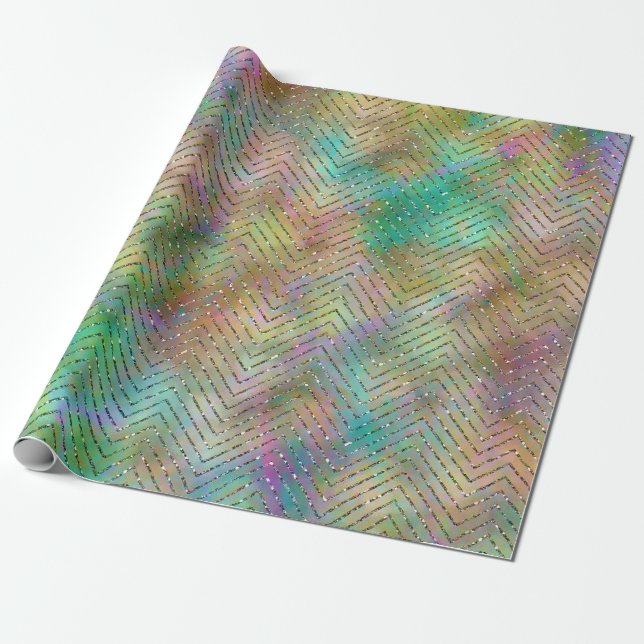 Papier Cadeau Éclairage Arc-en-ciel en or brillant Motif Chevron (Déroulé)