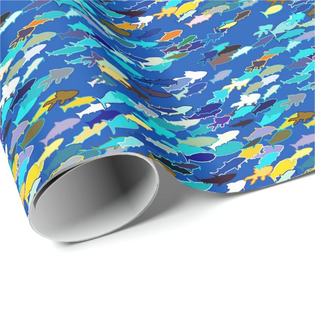 Papier Cadeau École de poisson, bleu foncé, blanc et turquoise (Coin rond)