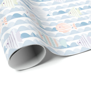 Papier Cadeau École de poisson sous la mer Anniversaire blanc